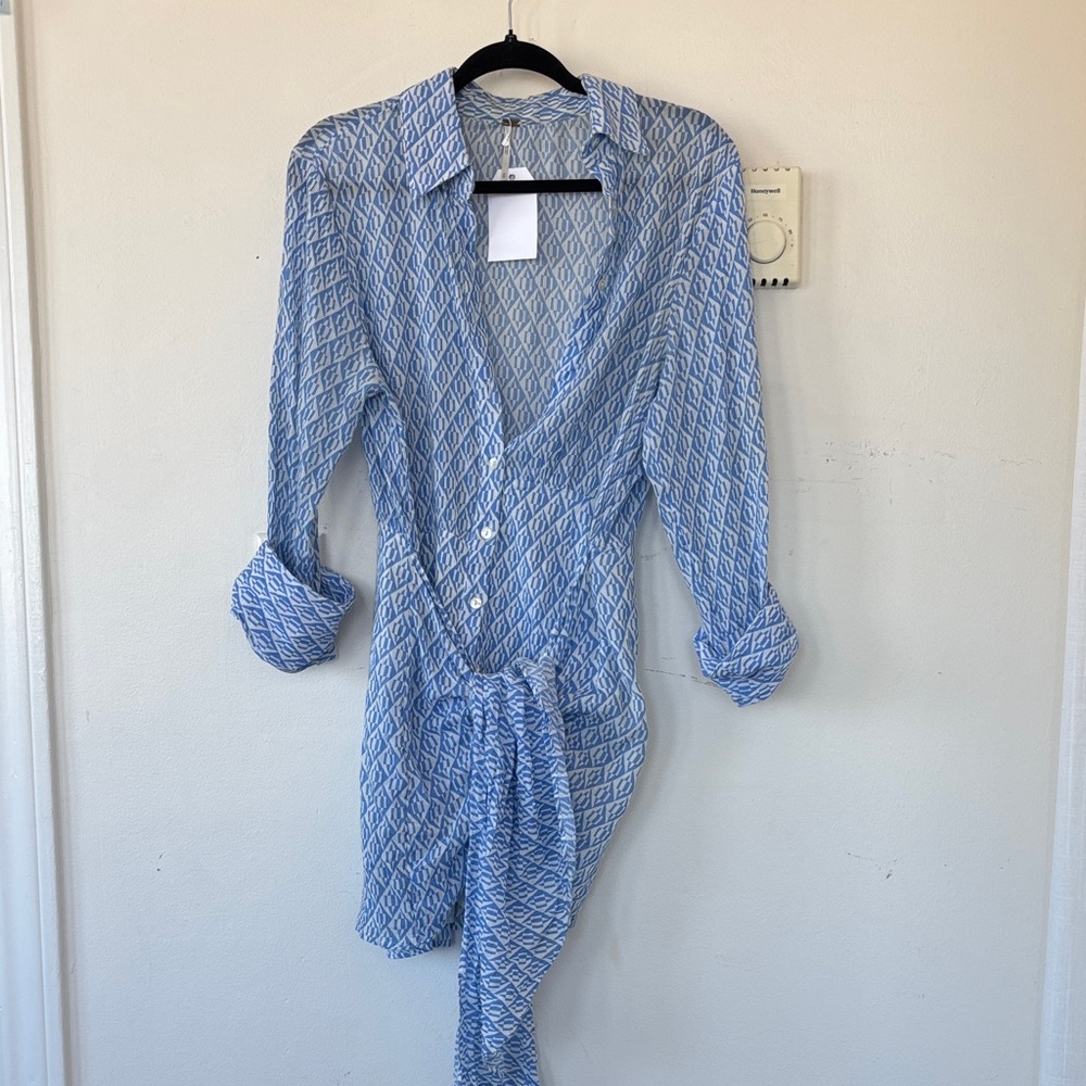 Free People Rilio Blue and White Patterned Button-Up Shirtdress